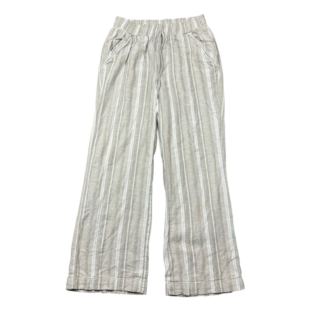 Linen Blend Pants Women Small Tan White Striped Elastic Waist Wide Leg Resort